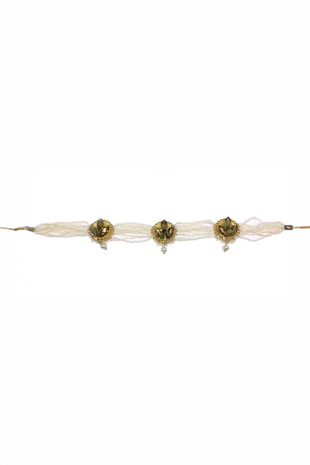 Ornamaas_Ivory Cubic Zirconia Bloom Embellished Pearl Choker _Online_at_Aza_Fashions