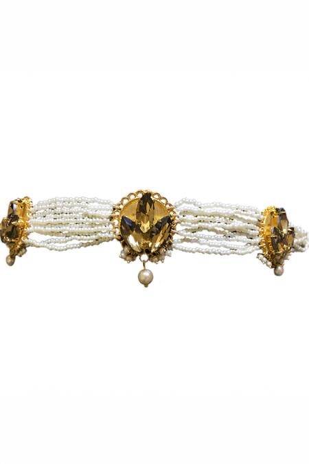 Buy_Ornamaas_Ivory Cubic Zirconia Bloom Embellished Pearl Choker _Online_at_Aza_Fashions