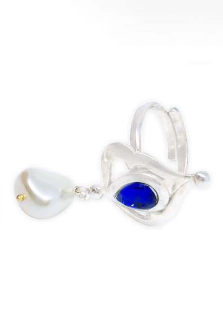 Ornamaas_Blue Cubic Zirconia Clover Teardrop Embellished Ring _Online_at_Aza_Fashions