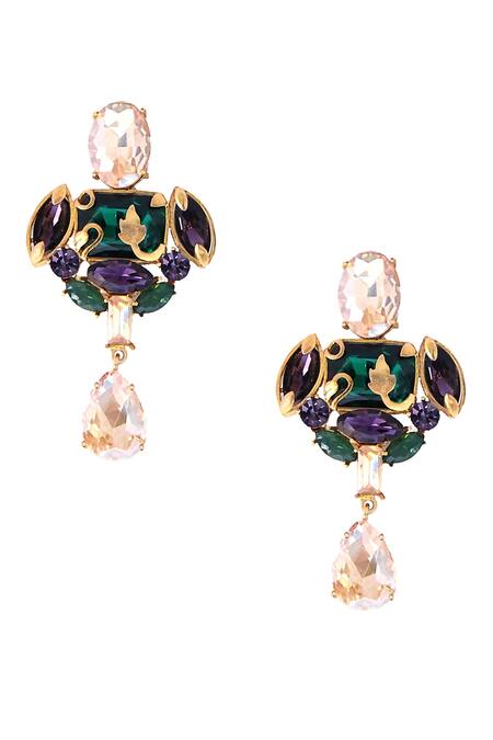 Ornamaas_Gold Plated Crystals Cubic Zirconia Embellished Royal Crest Drop Earrings _Online_at_Aza_Fashions