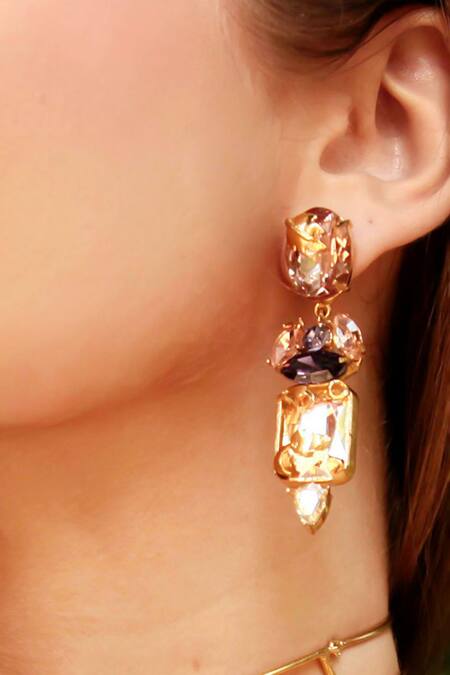 Ornamaas_Peach Crystals Blossom Crest Embellished Danglers _Online_at_Aza_Fashions