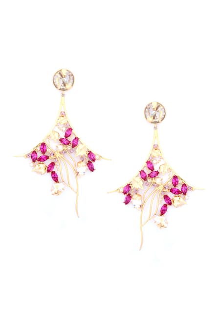 Shop_Ornamaas_Gold Plated Cubic Zirconia Ivy Bloom Embellished Earrings _at_Aza_Fashions