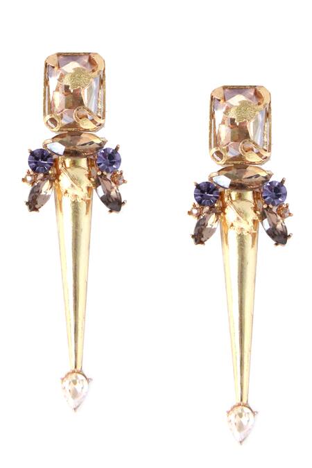 Shop_Ornamaas_Gold Plated Cubic Zirconia Spike Trellis Earrings _at_Aza_Fashions