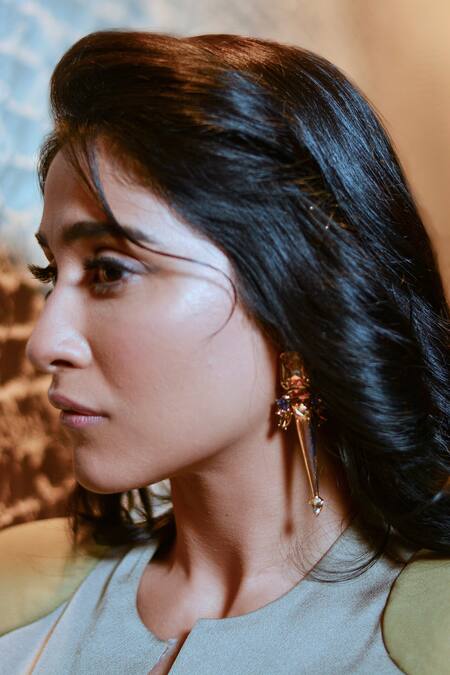 Shop_Ornamaas_Gold Plated Cubic Zirconia Spike Trellis Earrings _Online_at_Aza_Fashions