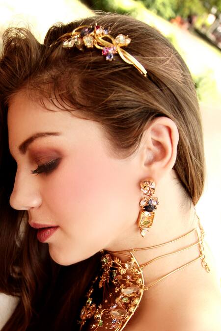 Ornamaas Gold Cubic Zirconia Inflorescence Flower Vine Headband at Aza Fashions Ornamaas_Gold Cubic Zirconia Inflorescence Flower Vine Headband _at_Aza_Fashions