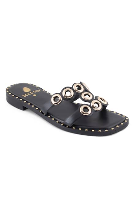 Shop_Sole Fry_Black Urban Edge Eyelet Embellished Flats_at_Aza_Fashions