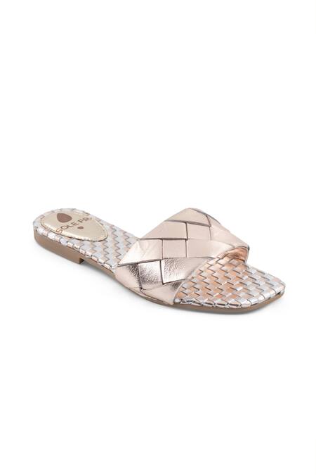 Shop Sole Fry Gold Twill Woven Intertwined Strap Flats Online at Aza Fashions Shop_Sole Fry_Gold Twill Woven Intertwined Strap Flats_Online_at_Aza_Fashions
