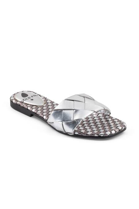 Shop Sole Fry Silver Twill Woven Intertwined Strap Flats at Aza Fashions Shop_Sole Fry_Silver Twill Woven Intertwined Strap Flats_at_Aza_Fashions