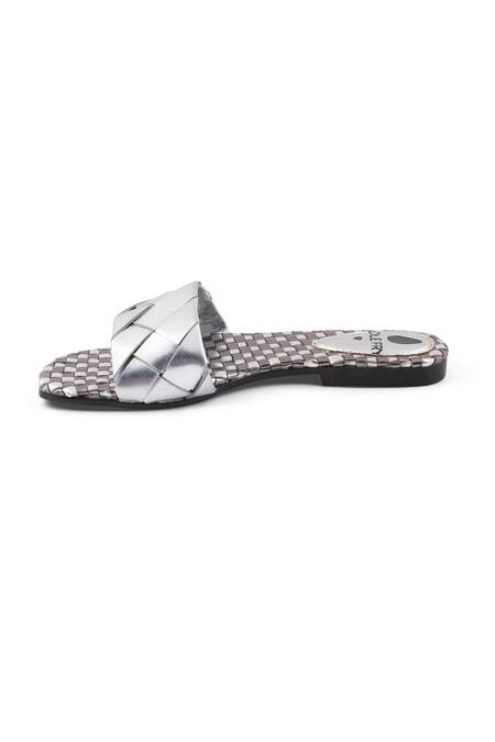 Sole Fry Silver Twill Woven Intertwined Strap Flats Online at Aza Fashions Sole Fry_Silver Twill Woven Intertwined Strap Flats_Online_at_Aza_Fashions