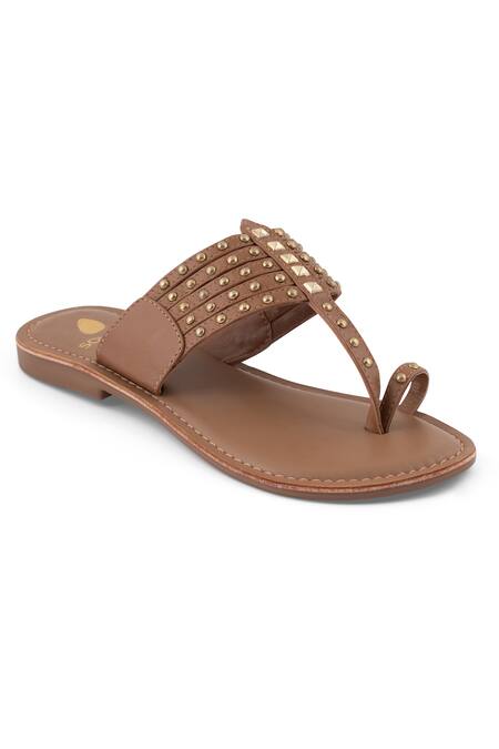 Shop Sole Fry Brown Nirja Stud Embellished Kolhapuri Flats at Aza Fashions Shop_Sole Fry_Brown Nirja Stud Embellished Kolhapuri Flats_at_Aza_Fashions
