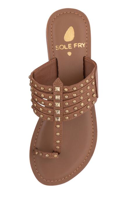 Shop Sole Fry Brown Nirja Stud Embellished Kolhapuri Flats Online at Aza Fashions Shop_Sole Fry_Brown Nirja Stud Embellished Kolhapuri Flats_Online_at_Aza_Fashions