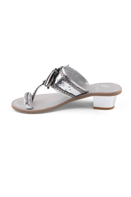 Sole Fry_Silver Tassels Madhuri Kolhapuri Block Heels_Online_at_Aza_Fashions