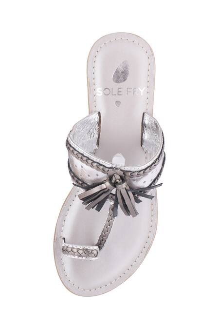 Shop_Sole Fry_Silver Tassels Madhuri Kolhapuri Block Heels_Online_at_Aza_Fashions