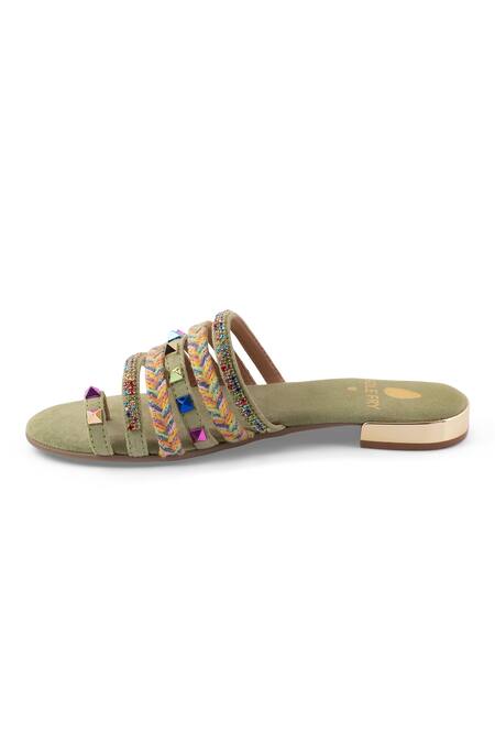 Sole Fry_Green Crystals, Stones Haveli Embellished Leather Heels_Online_at_Aza_Fashions