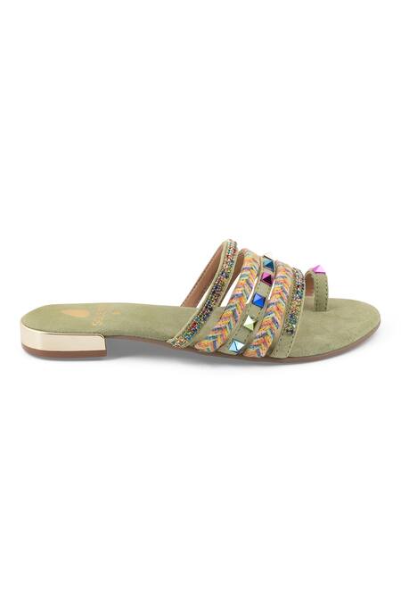 Buy_Sole Fry_Green Crystals, Stones Haveli Embellished Leather Heels_Online_at_Aza_Fashions