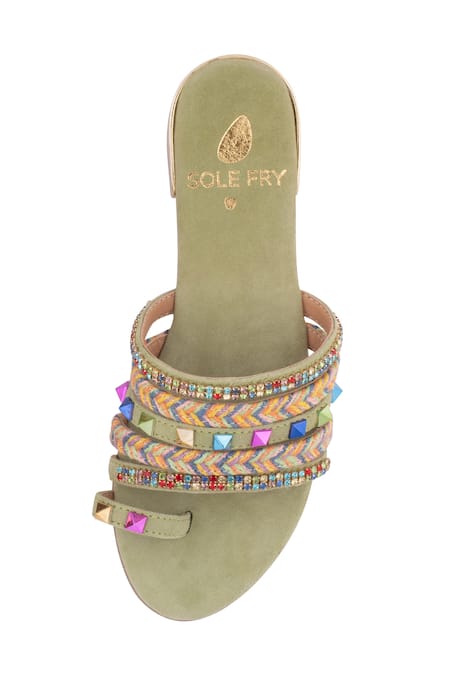 Shop_Sole Fry_Green Crystals, Stones Haveli Embellished Leather Heels_Online_at_Aza_Fashions