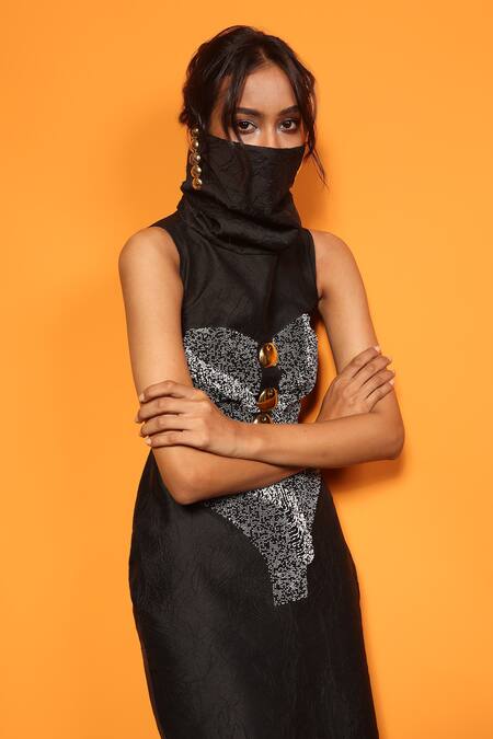 Buy_Richa Khemka_Black Crepe, Silk Beads High Neck Albus Embellished Midi Dress _Online_at_Aza_Fashions