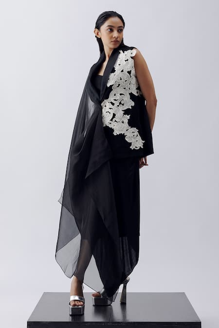 Richa Khemka_Black Silk, Modal Embroidery Barlow Floral Embellished Blazer With Slip _Online_at_Aza_Fashions