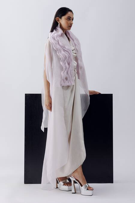 Richa Khemka_Grey Organza, Modal Pearls, Sequins Cowl Neck Candy Crust Draped Dress With Cape _Online_at_Aza_Fashions