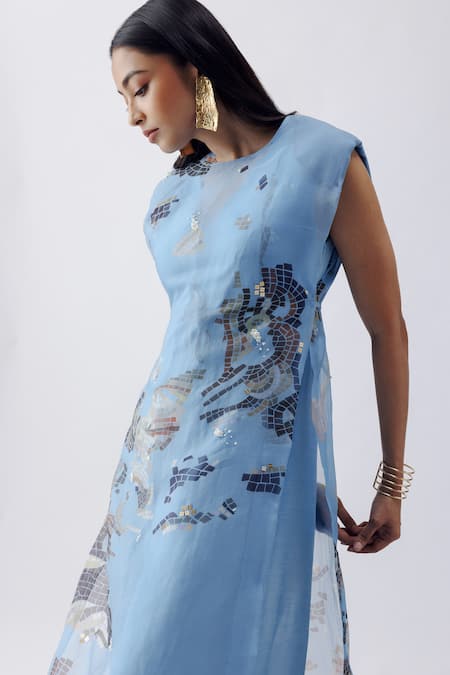 Richa Khemka_Blue Organza Pearls, Sequins, Embroidery Diana Embellished Overlay With Jumpsuit _Online_at_Aza_Fashions
