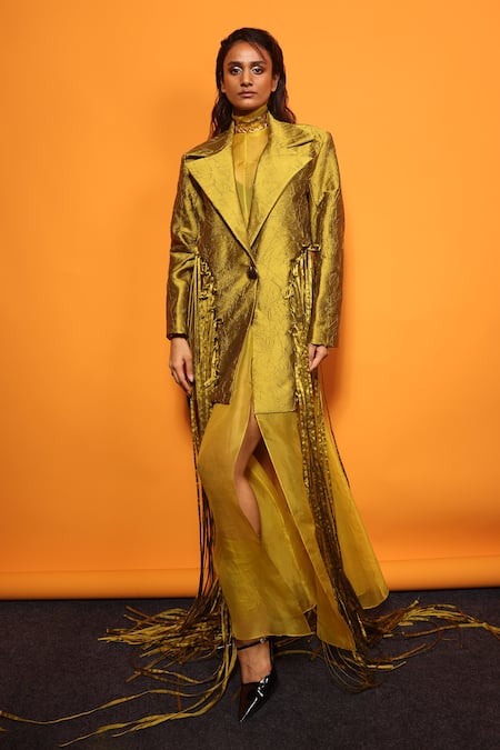 Richa Khemka_Green Organza, Crepe Tassels High , Open Floriana Dress With Blazer _Online_at_Aza_Fashions