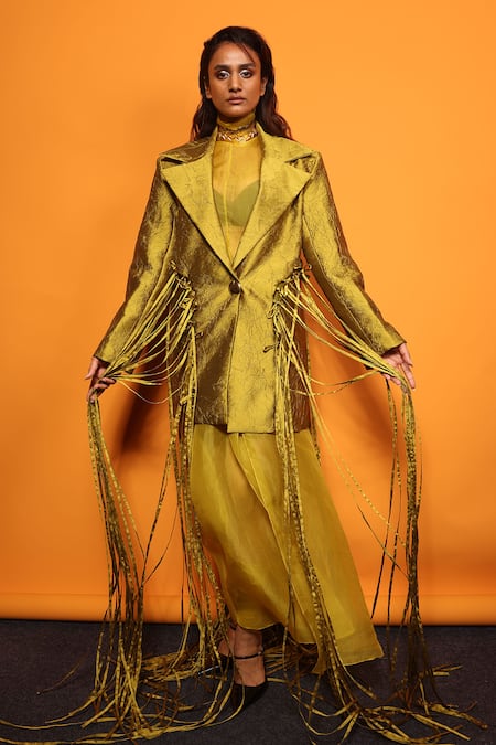 Buy_Richa Khemka_Green Organza, Crepe Tassels High , Open Floriana Dress With Blazer _Online_at_Aza_Fashions