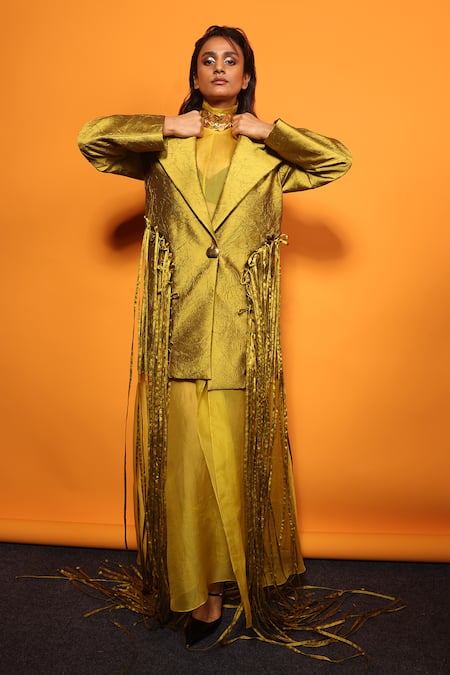 Shop_Richa Khemka_Green Organza, Crepe Tassels High , Open Floriana Dress With Blazer _Online_at_Aza_Fashions