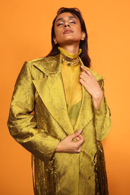 Richa Khemka_Green Organza, Crepe Tassels High , Open Floriana Dress With Blazer _at_Aza_Fashions