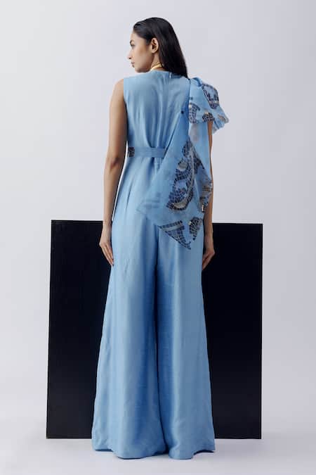 Shop_Richa Khemka_Blue Silk Printed Sequin V Neck Helle Drape Attached Jumpsuit _at_Aza_Fashions