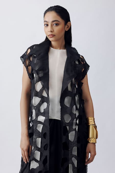 Richa Khemka_Black Organza, Modal Cut Work Open , Round Isabel Jacket With Pant Set _Online_at_Aza_Fashions