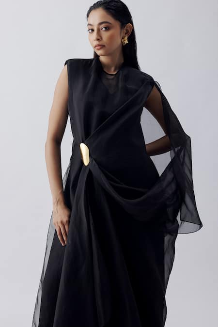 Buy_Richa Khemka_Black Organza, Modal, Satin Round Neck Limon Jumpsuit With Ozzy Overlay _Online_at_Aza_Fashions