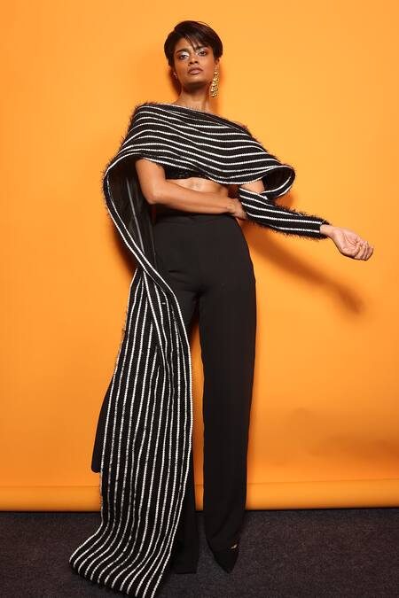 Richa Khemka_Black Georgette, Tulle Sequins Neptune Embroidered Drape And Pant Set _Online_at_Aza_Fashions