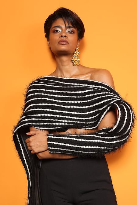 Buy_Richa Khemka_Black Georgette, Tulle Sequins Neptune Embroidered Drape And Pant Set _Online_at_Aza_Fashions