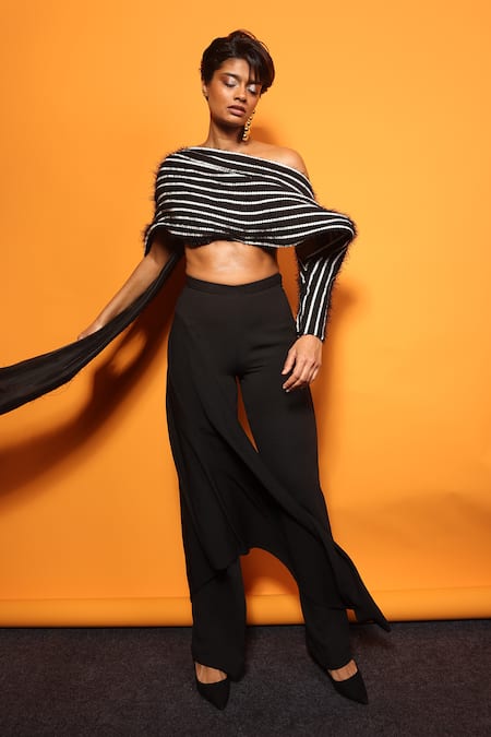 Shop_Richa Khemka_Black Georgette, Tulle Sequins Neptune Embroidered Drape And Pant Set _Online_at_Aza_Fashions