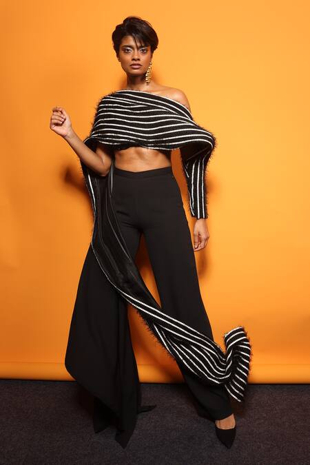 Richa Khemka_Black Georgette, Tulle Sequins Neptune Embroidered Drape And Pant Set _at_Aza_Fashions