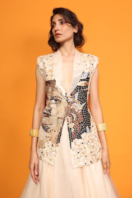 Buy_Richa Khemka_Blue Organza Embroidery V-neck, Collared Nouveau Mosaic Jacket With Dress _Online_at_Aza_Fashions