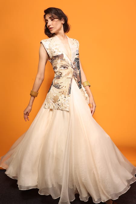 Shop_Richa Khemka_Blue Organza Embroidery V-neck, Collared Nouveau Mosaic Jacket With Dress _Online_at_Aza_Fashions