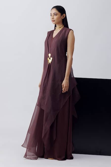 Richa Khemka_Burgundy Organza, Modal V-neck Scarlet Jumpsuit With Overlay _Online_at_Aza_Fashions