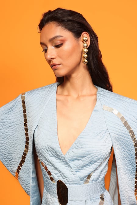 Shop_Richa Khemka_Blue Cotton Applique V-neck Structured Quilted Dress With Overlay _Online_at_Aza_Fashions