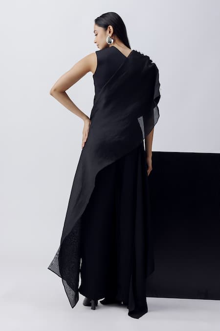 Richa Khemka Black Sequin Embroidered Drape & Pant Set 