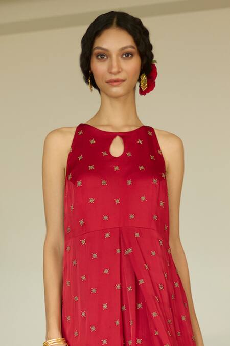 Shop Sarang Kaur Red Satin, Georgette, Silk Sequins, Beads, Embroidery Keyhole Neck Kurta Set Online at Aza Fashions Shop_Sarang Kaur_Red Satin, Georgette, Silk Sequins, Beads, Embroidery Keyhole Neck Kurta Set _Online_at_Aza_Fashions