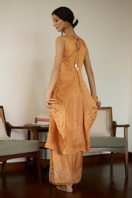 Shop Sarang Kaur Orange Satin, Georgette, Silk Sequins, Beads Thread Embroidered Kurta Set at Aza Fashions Shop_Sarang Kaur_Orange Satin, Georgette, Silk Sequins, Beads Thread Embroidered Kurta Set _at_Aza_Fashions