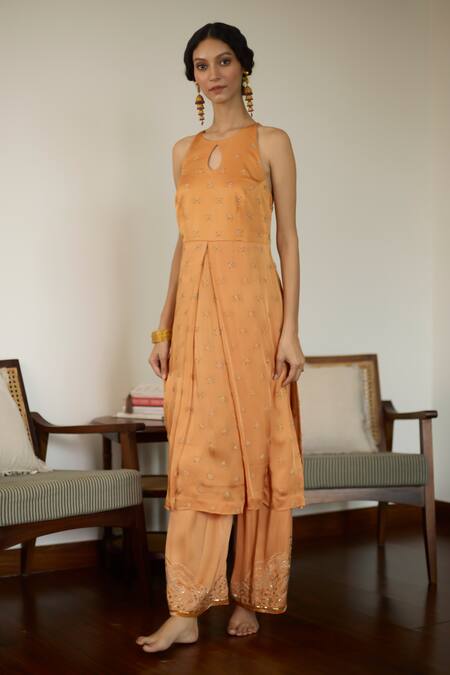 Sarang Kaur Orange Satin, Georgette, Silk Sequins, Beads Thread Embroidered Kurta Set Online at Aza Fashions Sarang Kaur_Orange Satin, Georgette, Silk Sequins, Beads Thread Embroidered Kurta Set _Online_at_Aza_Fashions