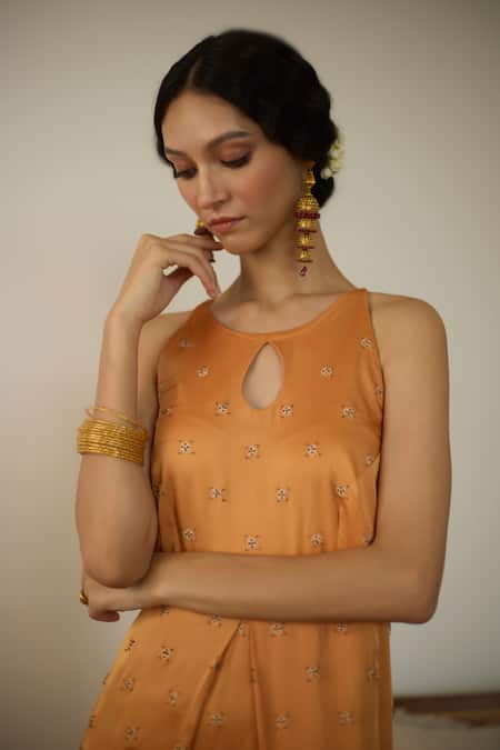 Shop Sarang Kaur Orange Satin, Georgette, Silk Sequins, Beads Thread Embroidered Kurta Set Online at Aza Fashions Shop_Sarang Kaur_Orange Satin, Georgette, Silk Sequins, Beads Thread Embroidered Kurta Set _Online_at_Aza_Fashions