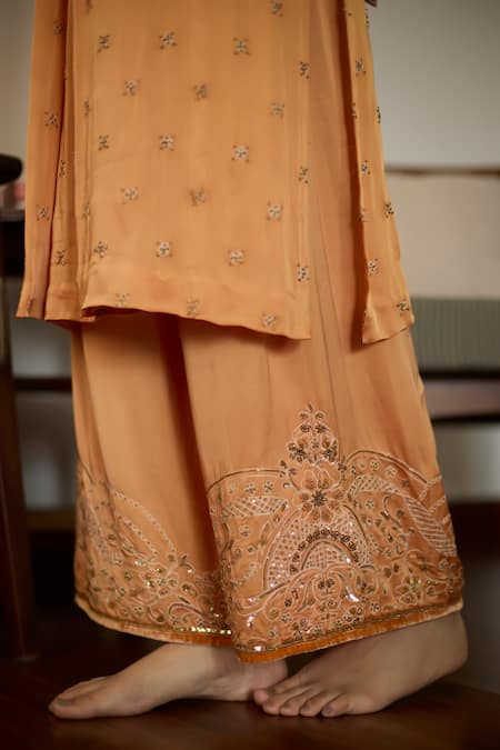 Sarang Kaur Orange Satin, Georgette, Silk Sequins, Beads Thread Embroidered Kurta Set at Aza Fashions Sarang Kaur_Orange Satin, Georgette, Silk Sequins, Beads Thread Embroidered Kurta Set _at_Aza_Fashions