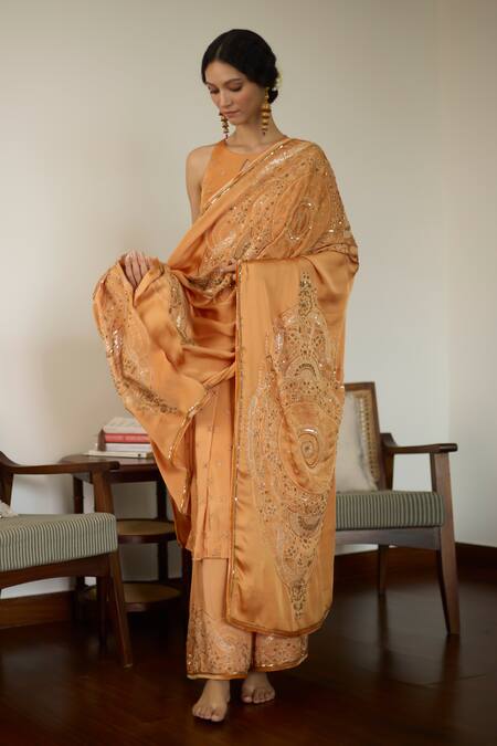 Buy Sarang Kaur Orange Satin, Georgette Sequins, Beads, Embroidery Thread Dupatta Online at Aza Fashions Buy_Sarang Kaur_Orange Satin, Georgette Sequins, Beads, Embroidery Thread Dupatta _Online_at_Aza_Fashions