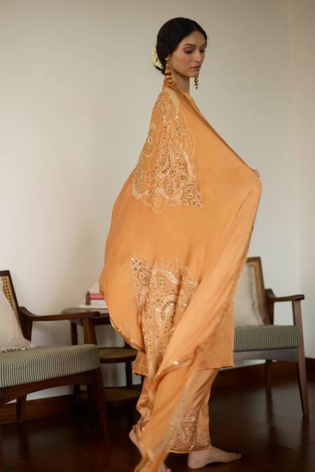 Shop Sarang Kaur Orange Satin, Georgette Sequins, Beads, Embroidery Thread Dupatta Online at Aza Fashions Shop_Sarang Kaur_Orange Satin, Georgette Sequins, Beads, Embroidery Thread Dupatta _Online_at_Aza_Fashions