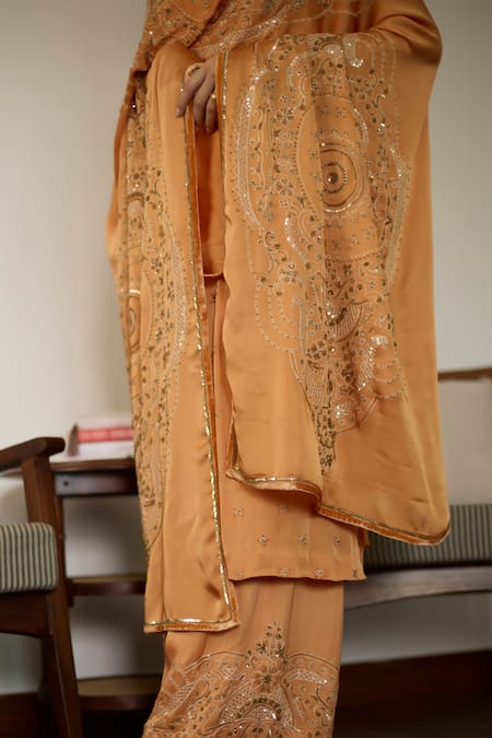 Buy Sarang Kaur Orange Satin, Georgette Sequins, Beads, Embroidery Thread Dupatta Buy_Sarang Kaur_Orange Satin, Georgette Sequins, Beads, Embroidery Thread Dupatta