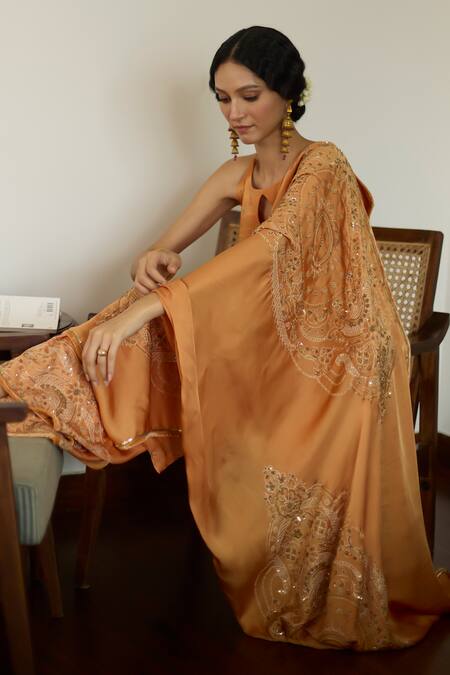 Shop Sarang Kaur Orange Satin, Georgette Sequins, Beads, Embroidery Thread Dupatta Shop_Sarang Kaur_Orange Satin, Georgette Sequins, Beads, Embroidery Thread Dupatta