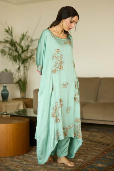 Shop Sarang Kaur Blue Satin, Georgette, Silk Sequins, Beads, Embroidery Kaftan Set With Pant at Aza Fashions Shop_Sarang Kaur_Blue Satin, Georgette, Silk Sequins, Beads, Embroidery Kaftan Set With Pant _at_Aza_Fashions